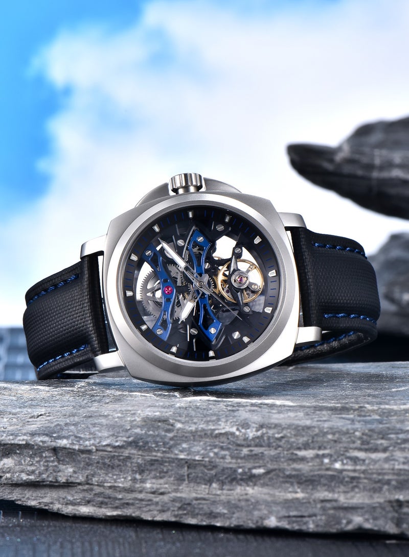 PAGANI DESIGN Men's Automatic Mechanical Watches, PU Leather Strap, Synthetic Sapphire Glass Watch Window, 40MM Stainless Steel Dial, Silver-Black Hollow Dial, PD YS017  - Image 4