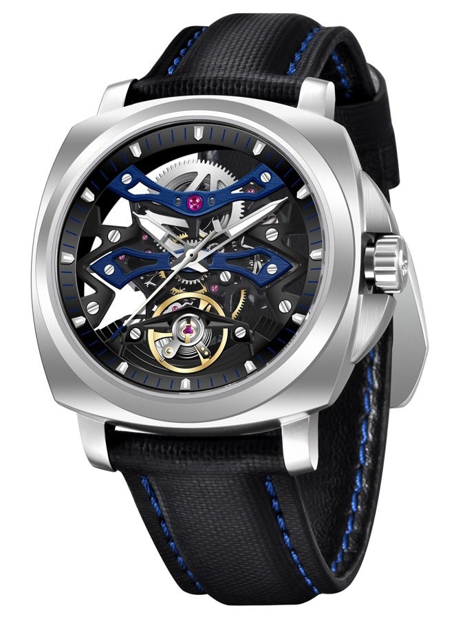PAGANI DESIGN Men's Automatic Mechanical Watches, PU Leather Strap, Synthetic Sapphire Glass Watch Window, 40MM Stainless Steel Dial, Silver-Black Hollow Dial, PD YS017  - Image 1