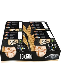 Sheba Cat Food Flavor Selection Filets, Mix of 4 Domes of Natural Shredded Chicken, Chicken with Shrimp & Tuna, Chicken with Sustainable Tuna & Sustainable White Fish, Premium Wet Food, Pack of 16x60g