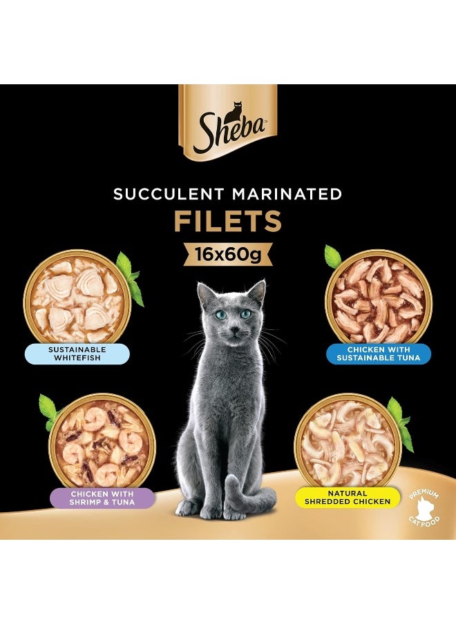 Sheba - Sheba Cat Food Flavor Selection Filets, Mix of 4 Domes of Natural Shredded Chicken, Chicken with Shrimp & Tuna, Chicken with Sustainable Tuna & Sustainable White Fish, Premium Wet Food, Pack of 16x60g - Image 1