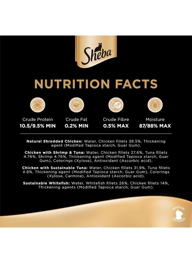 Sheba - Sheba Cat Food Flavor Selection Filets, Mix of 4 Domes of Natural Shredded Chicken, Chicken with Shrimp & Tuna, Chicken with Sustainable Tuna & Sustainable White Fish, Premium Wet Food, Pack of 16x60g - Image 1