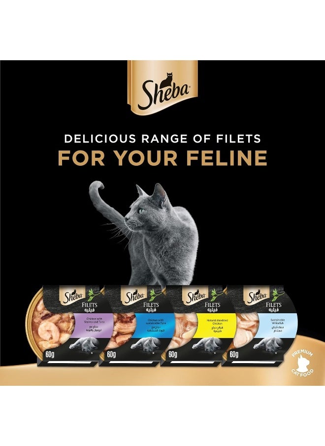 Sheba - Sheba Cat Food Flavor Selection Filets, Mix of 4 Domes of Natural Shredded Chicken, Chicken with Shrimp & Tuna, Chicken with Sustainable Tuna & Sustainable White Fish, Premium Wet Food, Pack of 16x60g - Image 1