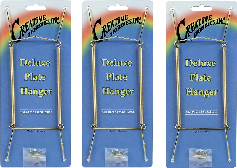 Creative Hobbies Deluxe Plate Display Hangers, Spring Style - Assembled & Ready to Use - Hold 10 to 14 Inch Plates- Gold Wire Spring Type, Hanger Hooks & Nails Included - Pack of 3 Hangers - Image 1