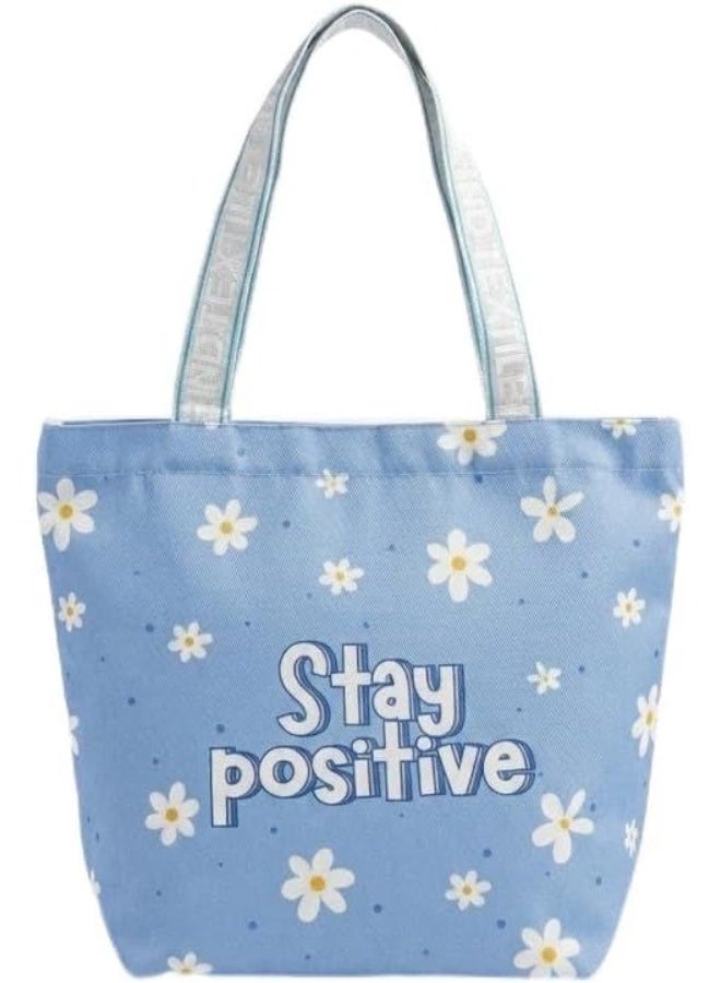 Medium STAY POSITIVE Beach Tote Bag – Light Blue – 45 × 40 cm - Image 1
