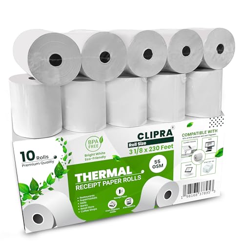 CLIPRA 3 1/8 x 230 Thermal Paper Receipt Rolls (10 PACK) [USA Based Brand] 55 GSM - Compatible with All POS Systems, Cash Registers - BPA Free, Premium Quality Receipt Paper Rolls - Image 1