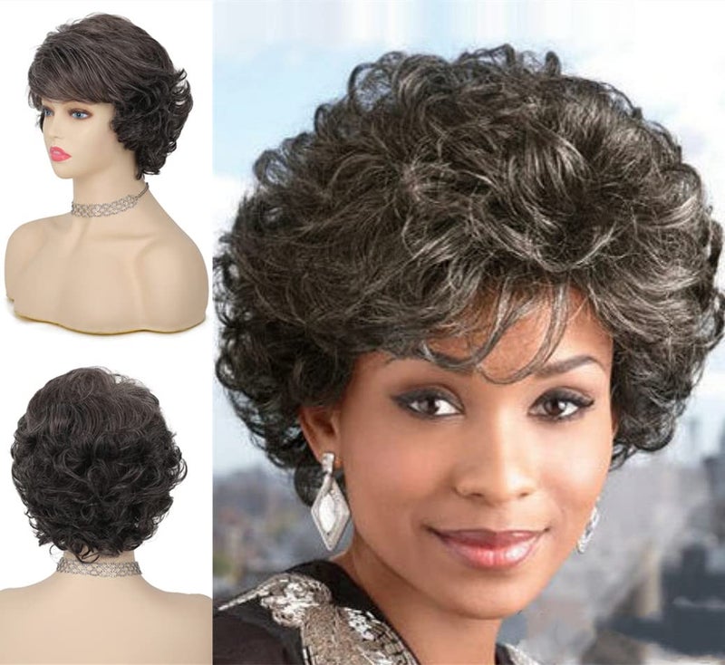 Tseses Short Grey Curly Wigs for Women Gray Layered Fluffy Synthetic Hair Soft Old Lady Wigs with Bangs Natural Looking Cosplay Daily Useï¼ˆGrey Mix Brownï¼‰ - Image 1