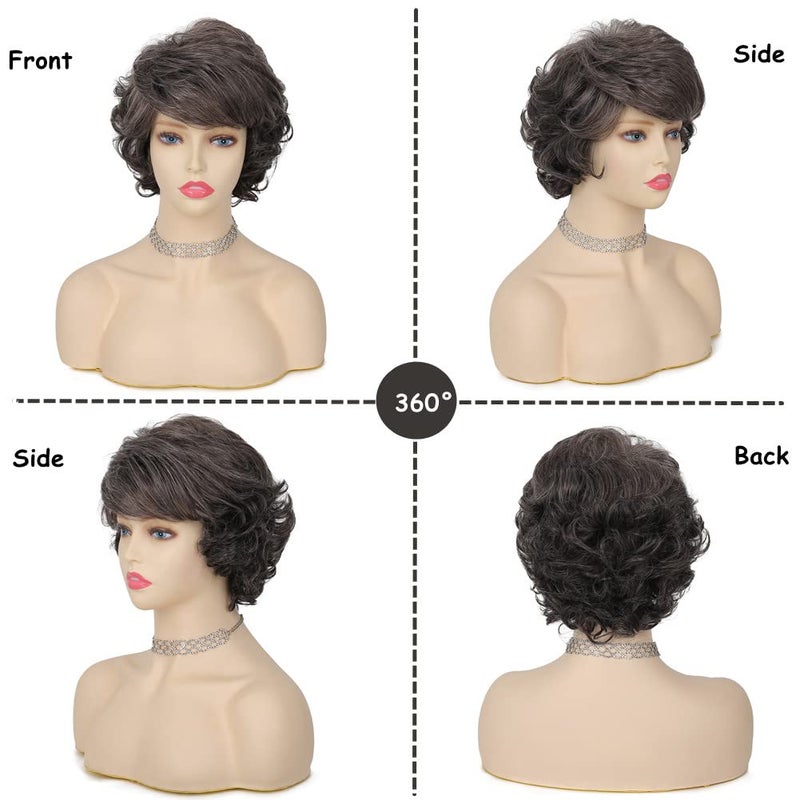 Tseses Short Grey Curly Wigs for Women Gray Layered Fluffy Synthetic Hair Soft Old Lady Wigs with Bangs Natural Looking Cosplay Daily Useï¼ˆGrey Mix Brownï¼‰ - Image 2