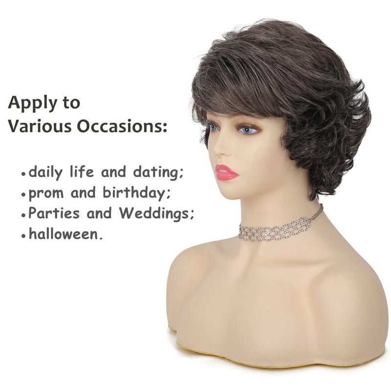 Tseses Short Grey Curly Wigs for Women Gray Layered Fluffy Synthetic Hair Soft Old Lady Wigs with Bangs Natural Looking Cosplay Daily Useï¼ˆGrey Mix Brownï¼‰ - Image 3