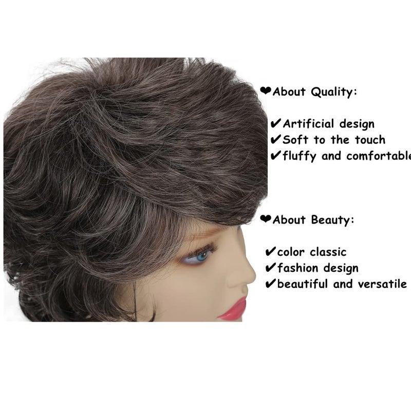 Tseses Short Grey Curly Wigs for Women Gray Layered Fluffy Synthetic Hair Soft Old Lady Wigs with Bangs Natural Looking Cosplay Daily Useï¼ˆGrey Mix Brownï¼‰ - Image 4