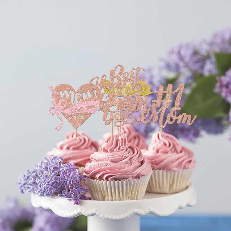 RSSTARXI 24 حزمة عيد أم سعيد Cupcake Cupcake Topcake Decoritations Decorts أفضل أمي على الإطلاق أحبك يا أمي كب كيك لالتقاطات عيد أم عيد أم سعيد. - Image 4