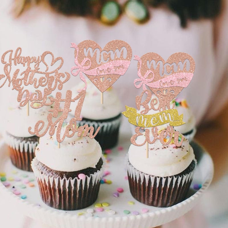 RSSTARXI 24 حزمة عيد أم سعيد Cupcake Cupcake Topcake Decoritations Decorts أفضل أمي على الإطلاق أحبك يا أمي كب كيك لالتقاطات عيد أم عيد أم سعيد. - Image 3