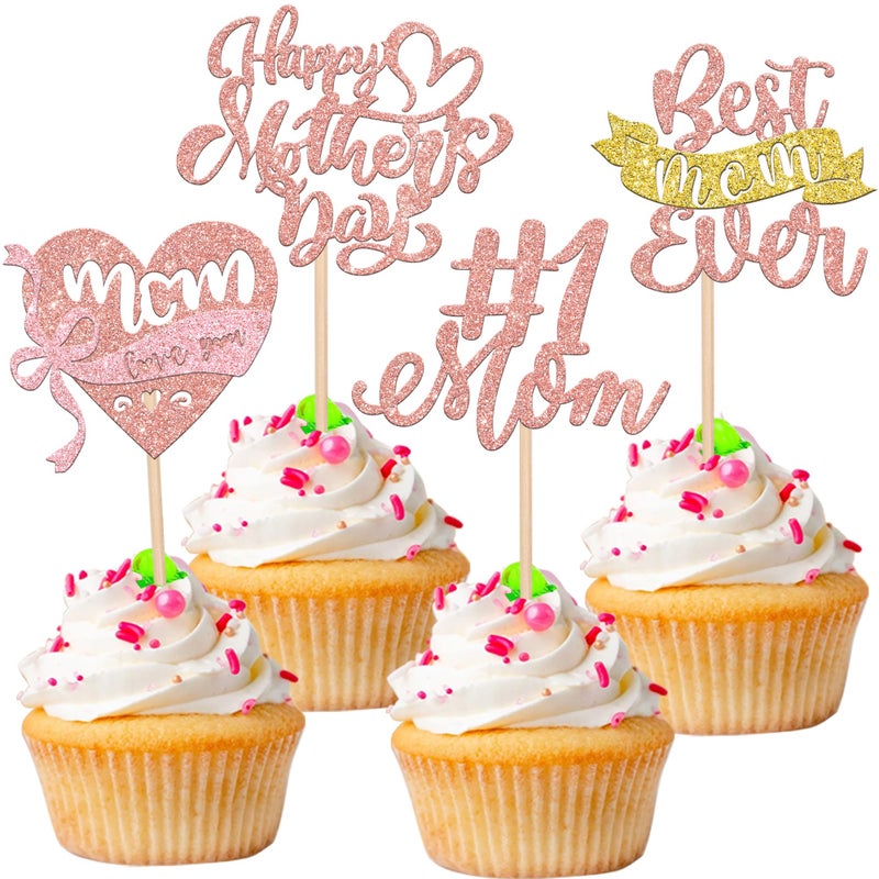 RSSTARXI 24 حزمة عيد أم سعيد Cupcake Cupcake Topcake Decoritations Decorts أفضل أمي على الإطلاق أحبك يا أمي كب كيك لالتقاطات عيد أم عيد أم سعيد. - Image 1