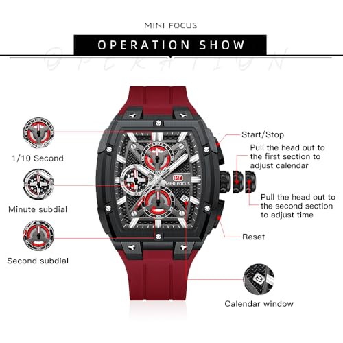 MF MINI FOCUS Men's Watch Analog Fashion Wrist Watch, Skeleton Tonneau Watch for Men with Chronograph,Ideal for Sports Enthusiasts and Daily Wear (Red_Black) - Image 5