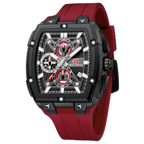 MF MINI FOCUS Men's Watch Analog Fashion Wrist Watch, Skeleton Tonneau Watch for Men with Chronograph,Ideal for Sports Enthusiasts and Daily Wear (Red_Black) - Image 1