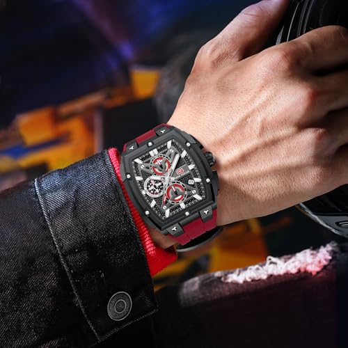 MF MINI FOCUS Men's Watch Analog Fashion Wrist Watch, Skeleton Tonneau Watch for Men with Chronograph,Ideal for Sports Enthusiasts and Daily Wear (Red_Black) - Image 3