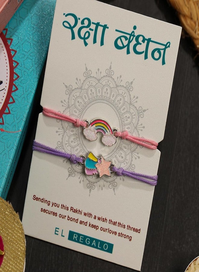 El Regalo 2PCs Cute Kids Bracelet Rakhi Combo Sets- Fancy Kids Rakhi for Brother/Sister with Roli Chwal, Rakhi Message Card in Rakhi Box for Babies/Toddlers/Kids (Rainbow & Star Rakhi) - Image 2