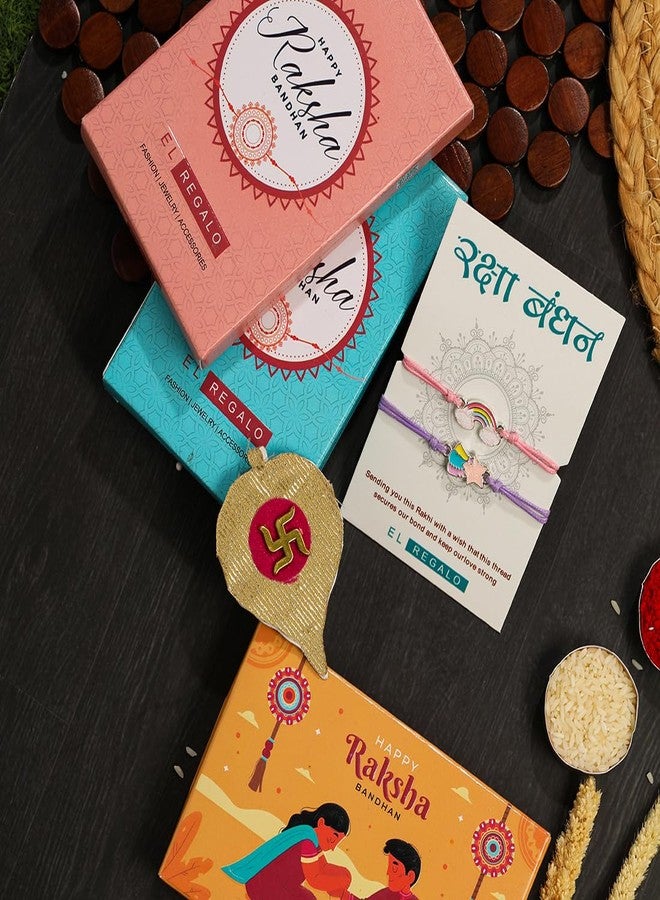 El Regalo 2PCs Cute Kids Bracelet Rakhi Combo Sets- Fancy Kids Rakhi for Brother/Sister with Roli Chwal, Rakhi Message Card in Rakhi Box for Babies/Toddlers/Kids (Rainbow & Star Rakhi) - Image 3