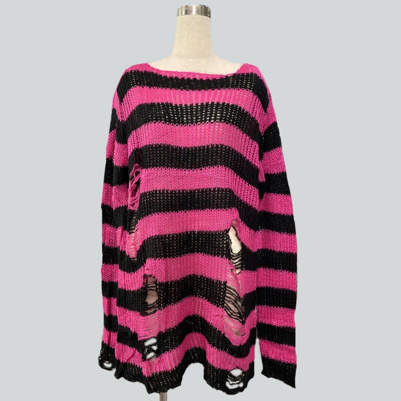 New Women Striped Knit Sweater Pullover long rose red  - Image 1