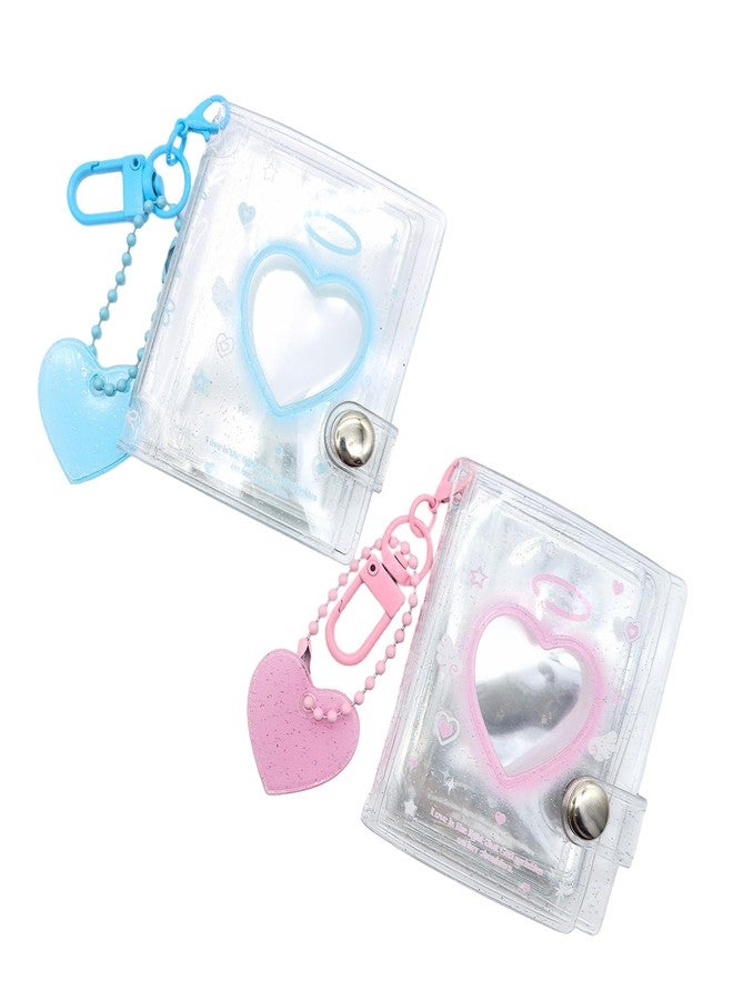 Qzinxja 2Pcs Blue Pink Mini Photocard Binder Holder Shiny Transparent Mini Photo Album With Pendant Keychain Hollow Heart Photo Card Binder Cute 2 Inch Photocard Album 32 Pockets PVC Kawaii Photo Card Book - Image 1