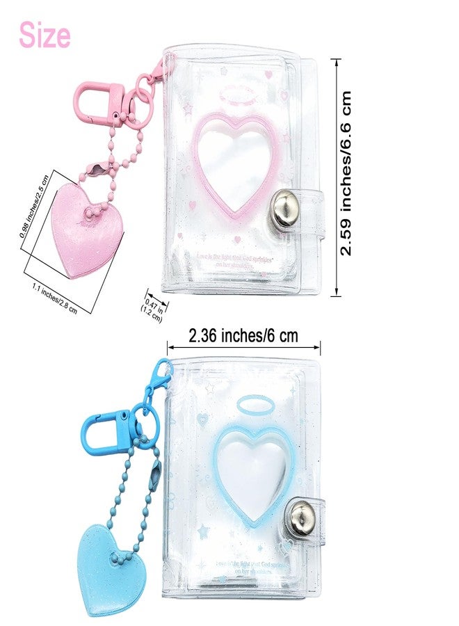 Qzinxja 2Pcs Blue Pink Mini Photocard Binder Holder Shiny Transparent Mini Photo Album With Pendant Keychain Hollow Heart Photo Card Binder Cute 2 Inch Photocard Album 32 Pockets PVC Kawaii Photo Card Book - Image 2