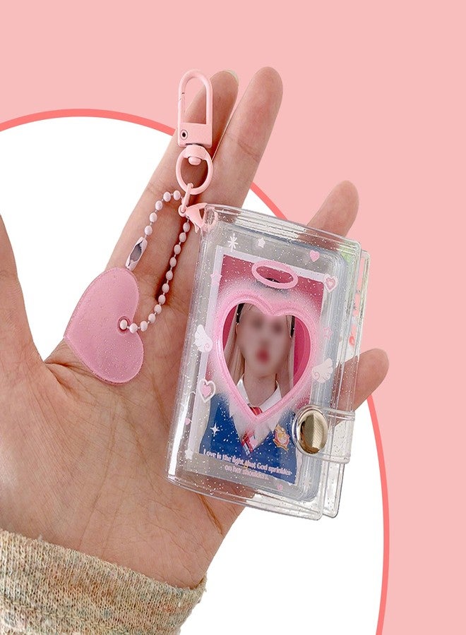 Qzinxja 2Pcs Blue Pink Mini Photocard Binder Holder Shiny Transparent Mini Photo Album With Pendant Keychain Hollow Heart Photo Card Binder Cute 2 Inch Photocard Album 32 Pockets PVC Kawaii Photo Card Book - Image 5