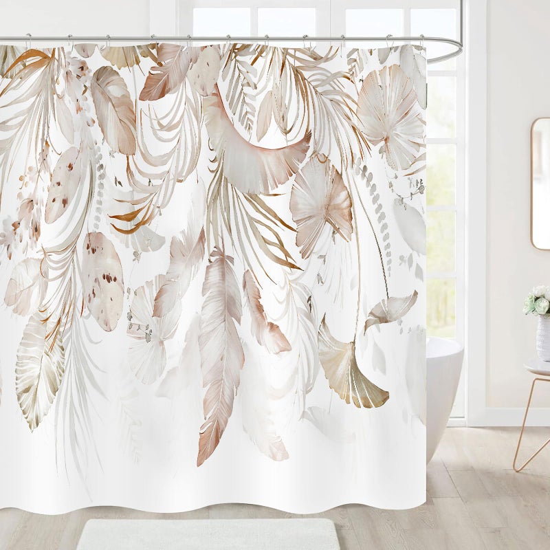 ZCHOMI Boho Leaves Shower Curtain Watercolor Tan Beige Palm Leaf Floral Bathroom Curtains Waterproof Polyester Fabric Bath Curtain 72 x 72 Inch with 12 Plastic Hooks - Image 2