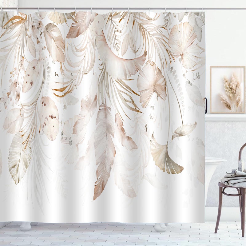 ZCHOMI Boho Leaves Shower Curtain Watercolor Tan Beige Palm Leaf Floral Bathroom Curtains Waterproof Polyester Fabric Bath Curtain 72 x 72 Inch with 12 Plastic Hooks - Image 1