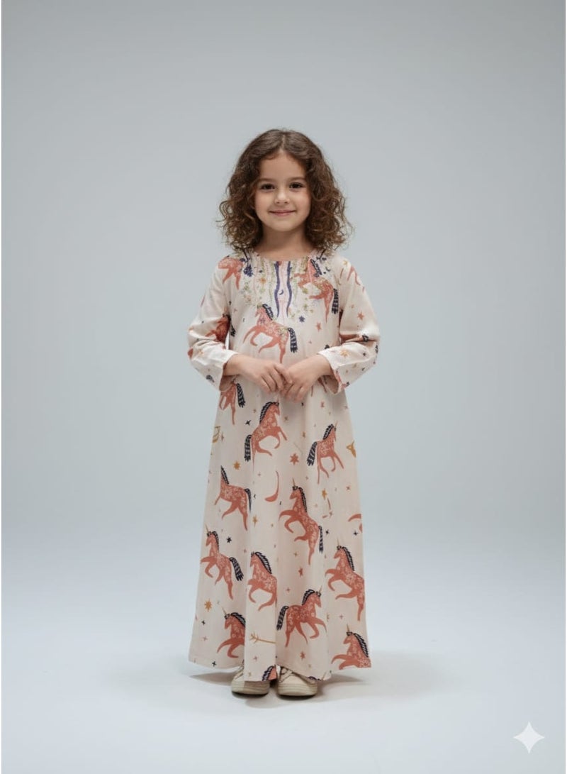 لـيـنـيـل Linelle Rayon Kids Jalabiya, Cream Horses and Star Print, Embroidered Neckline - Image 1