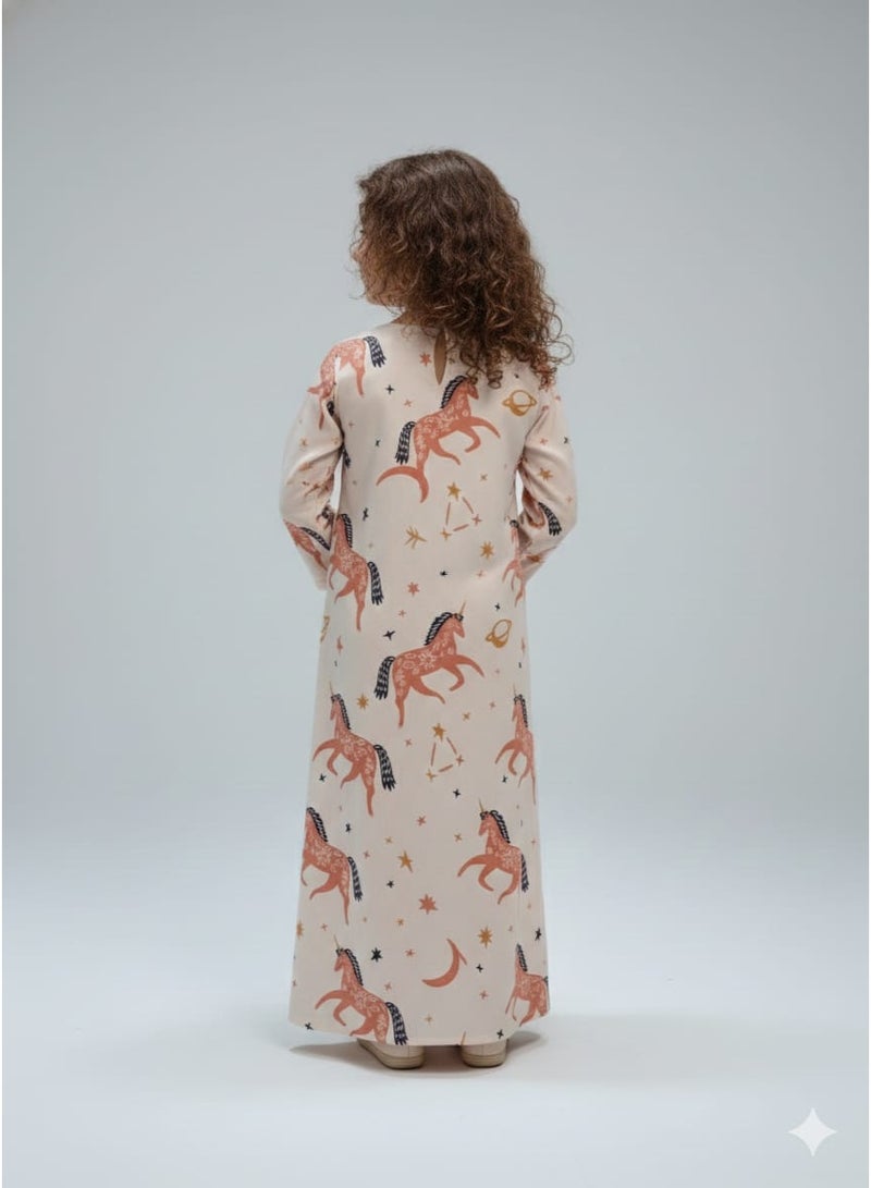 لـيـنـيـل Linelle Rayon Kids Jalabiya, Cream Horses and Star Print, Embroidered Neckline - Image 2