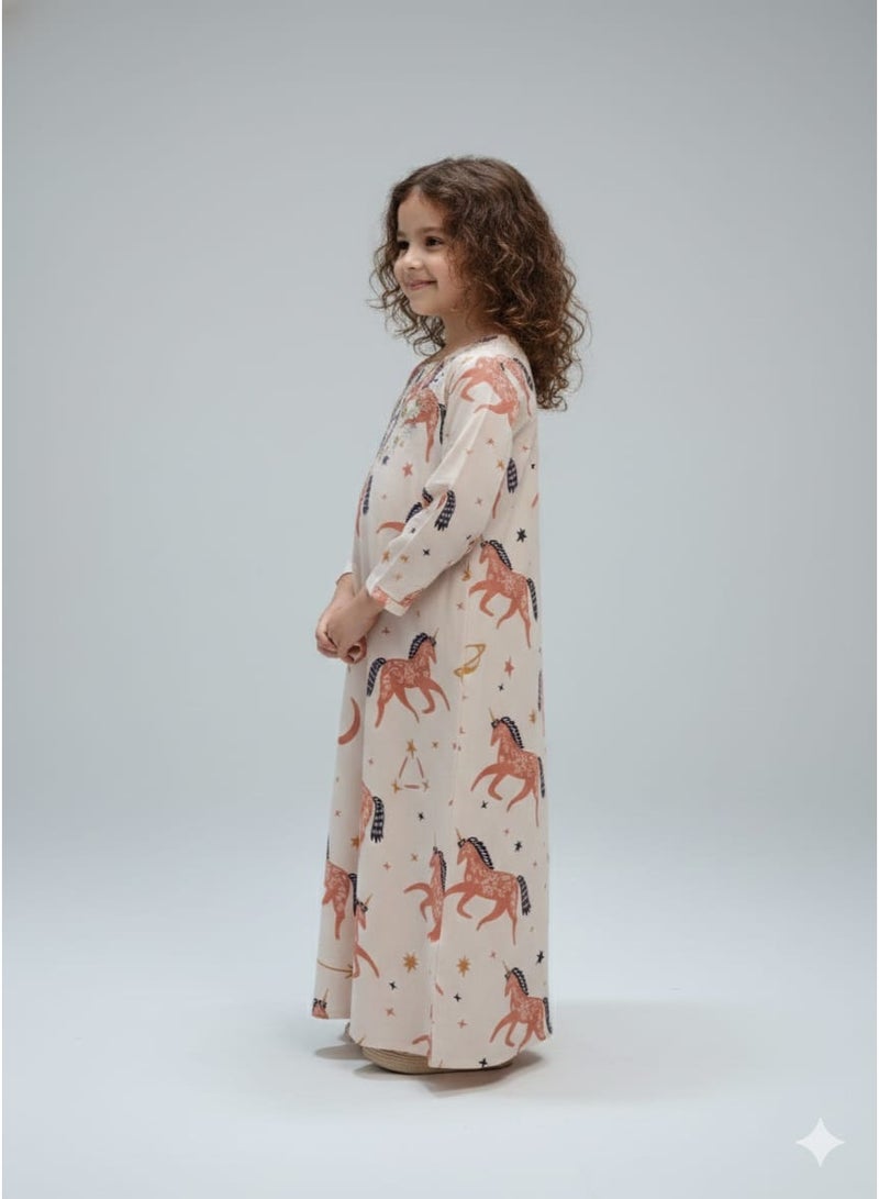 لـيـنـيـل Linelle Rayon Kids Jalabiya, Cream Horses and Star Print, Embroidered Neckline - Image 3