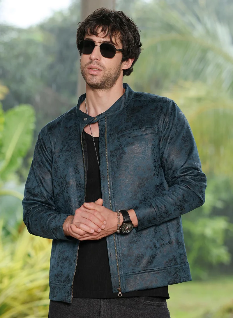 كامبوس سوترا Men Embossed-Suede Rider Jacket | ,   |  ,  Hem |  Embossed | Woven Fabric For  Wear | Midnight Blue