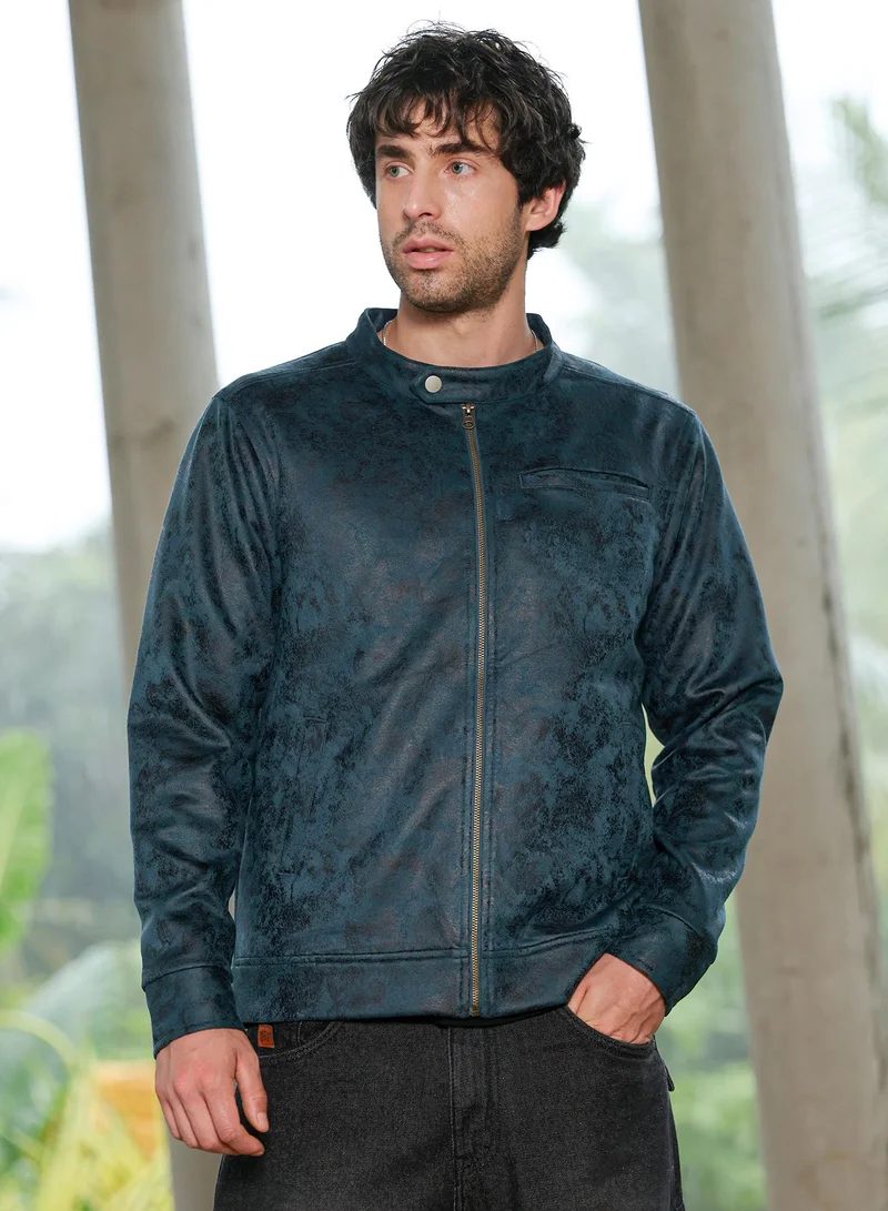 كامبوس سوترا Men Embossed-Suede Rider Jacket | ,   |  ,  Hem |  Embossed | Woven Fabric For  Wear | Midnight Blue