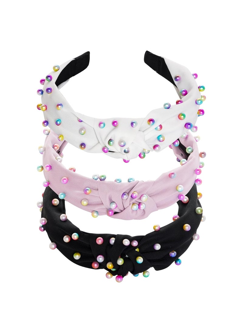 Sucrain - Sucrain 3 Pcs Pearl Knotted Headbands for Women Girls Colorful Jeweled Embellished Gem Faux Pearl Cross Knot Twisted Hairband Turban Headband Hair AccessoriesBlackWhitePink - Image 1