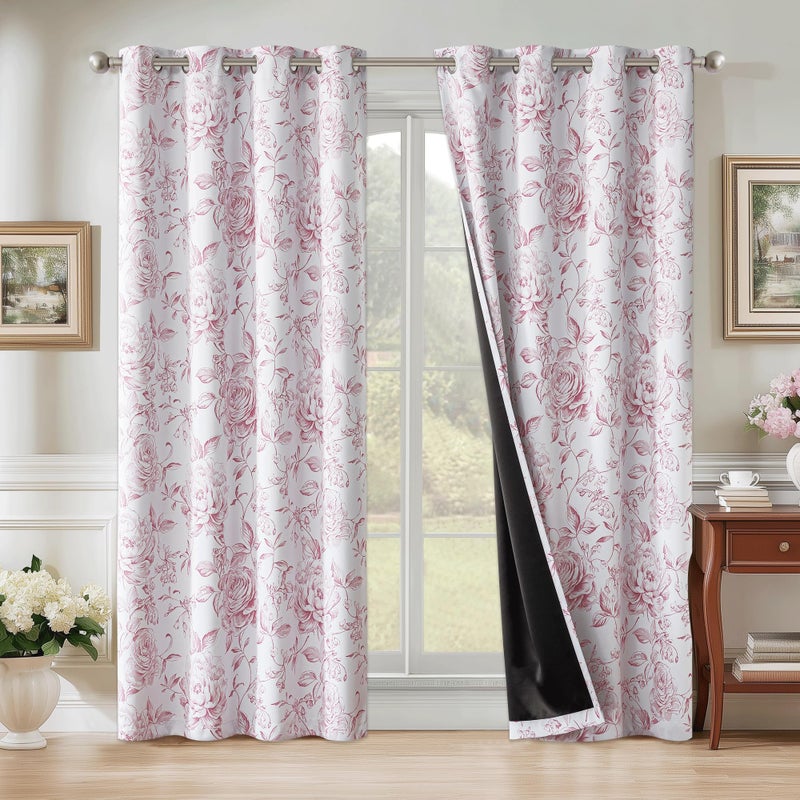 Beauoop Floral 100% Blackout Curtains 72 Inches Long 2 Panels for Bedroom Living Room Pink White Farmhouse Dusty Rose Flower Patterned Room Darkening Thermal Grommet Window Treatments Drapes, 50X72 - Image 1
