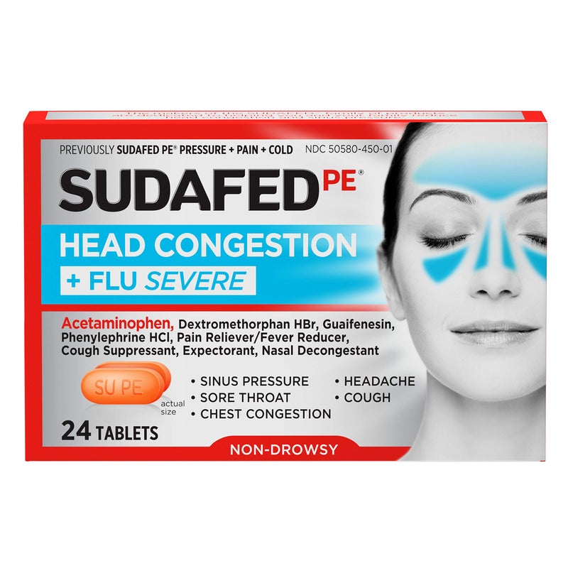 Sudafed أقراص سودافيد بي للاحتقان الشديد + الإنفلونزا للبالغين، 24 حبة - Image 1