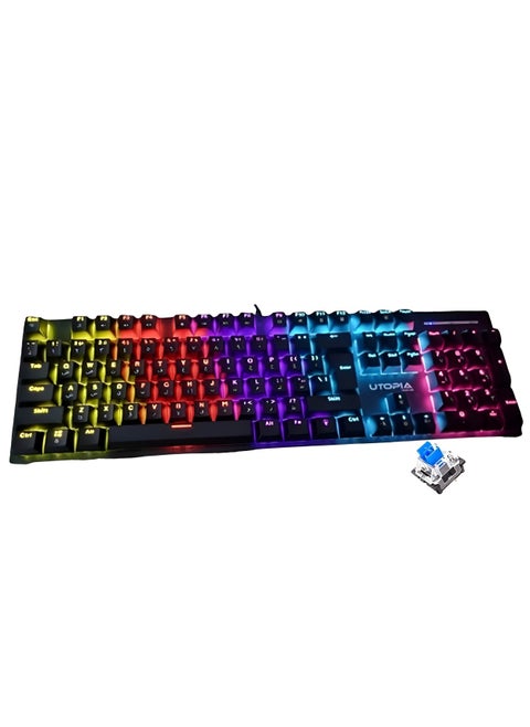 Mechanical luminous gaming keyboard , K-880 rainbow colorful light effect , mechanical shaft 50 million key life , blue switch , 9 mode running light , ergonomic streamline design , USB Cable - black