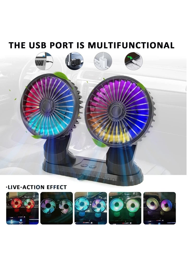 Excefore Car Fan,360° Adjustable Dual Head Cooling Air Fan Brushless Motor Low Noise Automobile Vehicle Fan Micro USB for Car/SUV/RV/Truck/Boat Use (With Coloured Light)  - Image 2