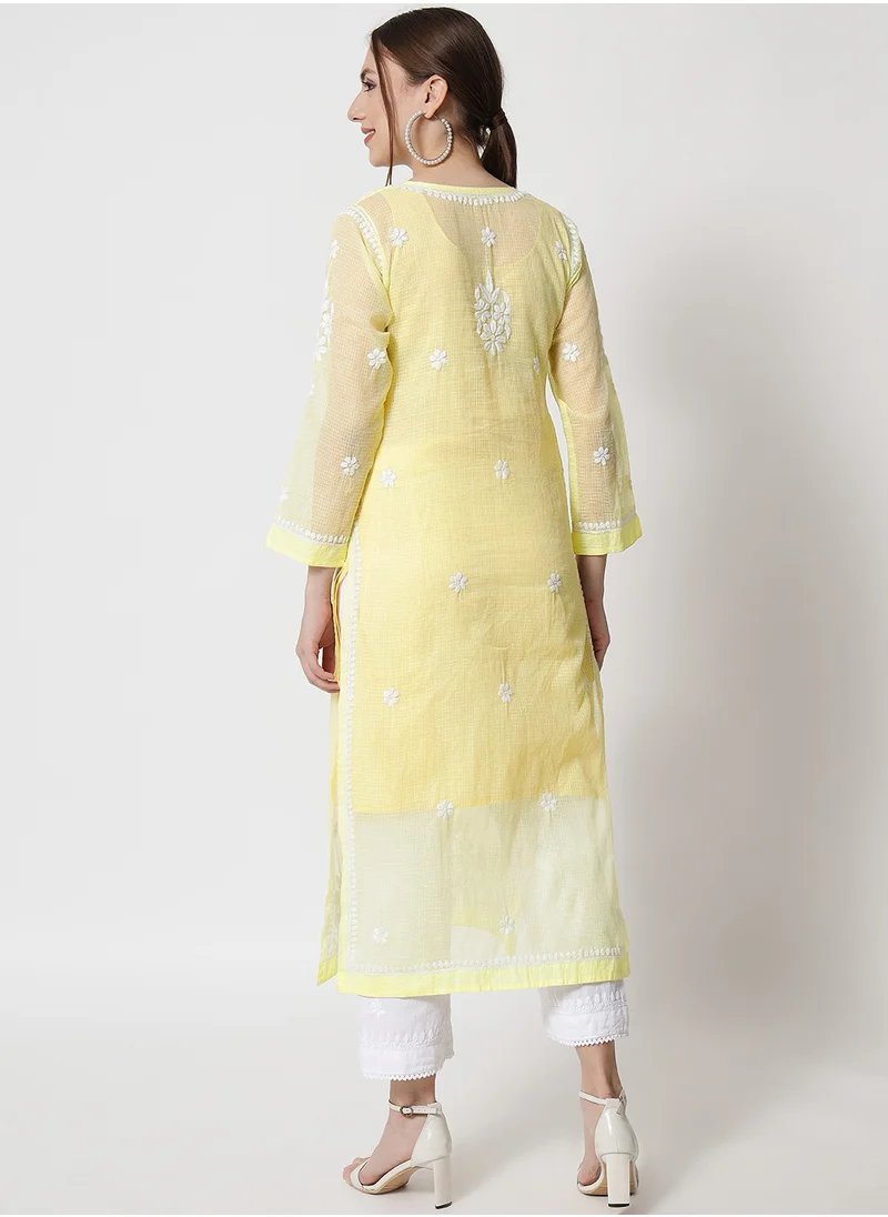 Alaya Hand Embroidered Chikankari Kota Straight Kurta With Slip-AL3540