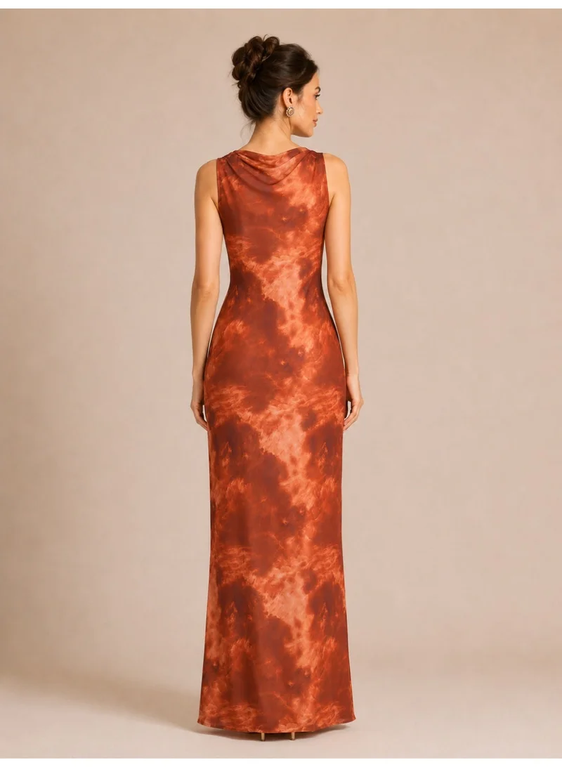 2Trendy Women's Burnt Orange Maxi Dress with Tie-Dye Print and Cowl Neck