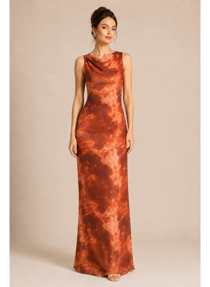 2Trendy Women's Burnt Orange Maxi Dress with Tie-Dye Print and Cowl Neck