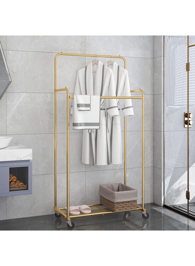 سيمبل تريدنج رف ملابس بسيط وعصري بقضيب مزدوج، رف ملابس متحرك عالي التحمل بعجلات لتعليق الملابس، مع 4 خطافات، ذهبي - Image 5