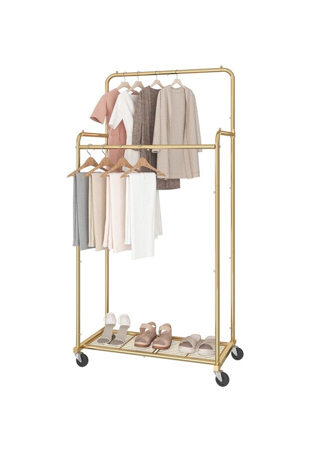 سيمبل تريدنج رف ملابس بسيط وعصري بقضيب مزدوج، رف ملابس متحرك عالي التحمل بعجلات لتعليق الملابس، مع 4 خطافات، ذهبي - Image 1