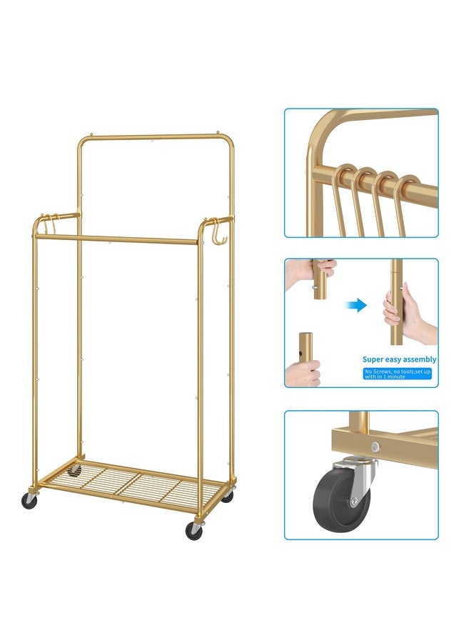 سيمبل تريدنج رف ملابس بسيط وعصري بقضيب مزدوج، رف ملابس متحرك عالي التحمل بعجلات لتعليق الملابس، مع 4 خطافات، ذهبي - Image 3