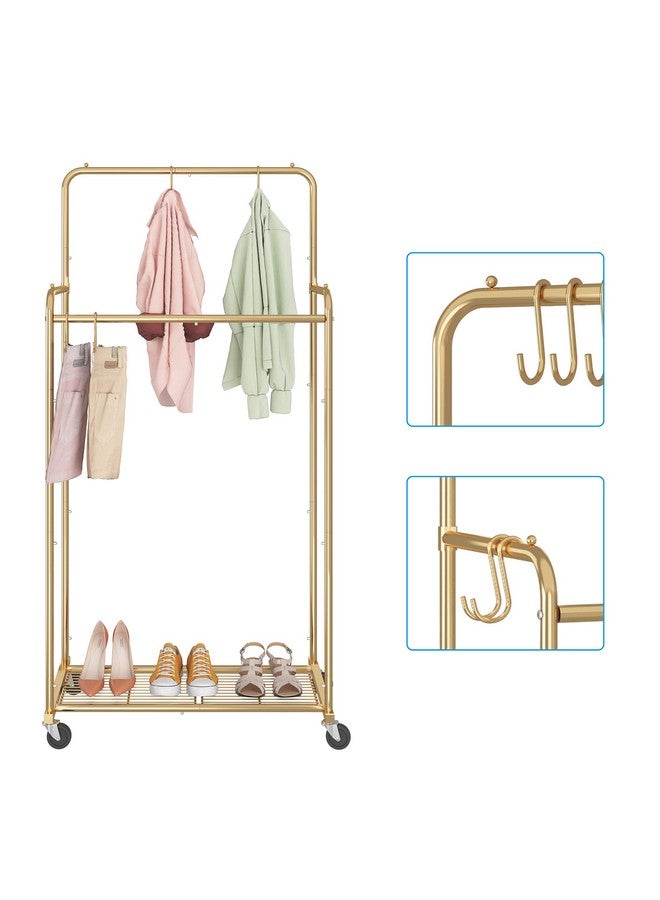 سيمبل تريدنج رف ملابس بسيط وعصري بقضيب مزدوج، رف ملابس متحرك عالي التحمل بعجلات لتعليق الملابس، مع 4 خطافات، ذهبي - Image 4