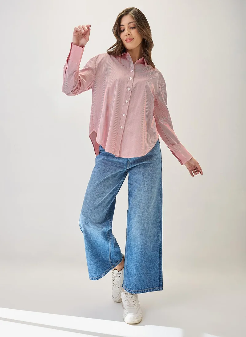 globus Globus Women Cuffed Sleeves Vertical Stripes Curved Hem Workwear Shirt