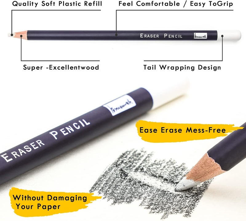 Brusarth Eraser Pencils Set - Professional 3pc Erasing Small Details or Add Highlights for Sketching, Colored Pencils, Charcoal Drawings. Fine Detail Eraser for Beginners & Artists - Image 3