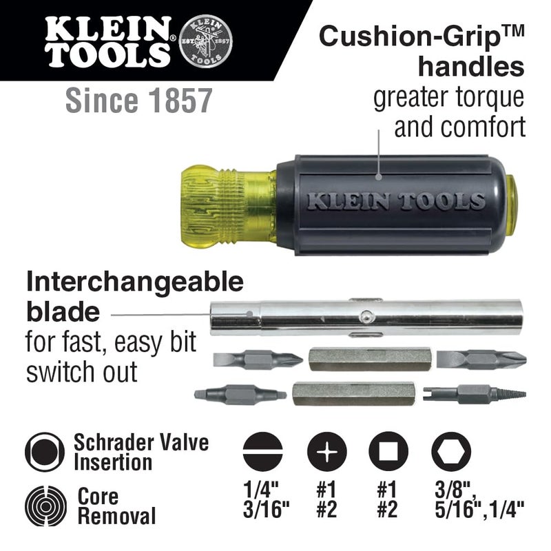 Klein Tools 32527 Multi-Bit Screwdriver/Nut Driver, 11-in-1 with Phillips, Slotted, Square, and Schrader Bits and Nut Drivers - Image 2
