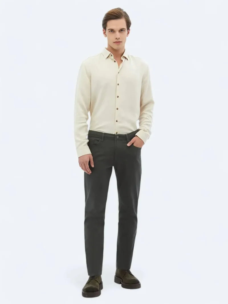 Kip Khaki Weaving Slim Fit Casual Cotton Blended Trousers