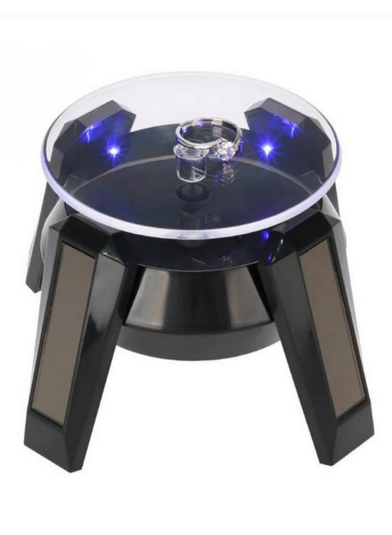 360 Degree Rotating Solar Powered Jewelry Display Stand Organizer Turntable with LED Light for Watch Phone Ring Necklace Bracelet Showcase Black  - Image 1