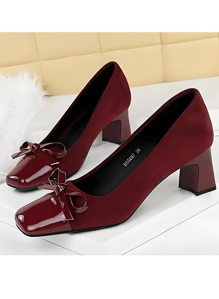 BIGTREE Women's Closed Square Toe Mid Heel Pump Bowknot Decoration Heels Wine Red 5CM - Image 1